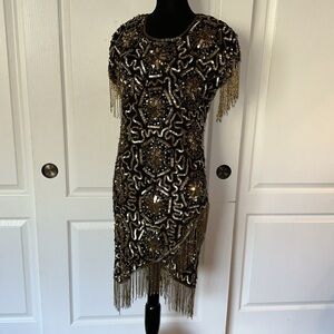 VTG CERVELLE SILK BLACK & GOLD SEQUIN BEADED FRINGE DRESS PARTY Holiday nye